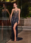 ASHLEYlauren 12272 | Gold-Navy fully beaded strapless gown with ornate beadwork, sweetheart neckline, thigh high slit, and elegant sweep train