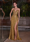 ASHLEYlauren 12273 | Gold fully beaded fitted gown with deep sweetheart neckline, vertical contouring beadwork, thigh high slit, and dramatic sweep train