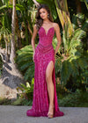 ASHLEYlauren 12274 | Fuchsia fully beaded fitted gown with sculpted sweetheart neckline, contour beadwork, thigh-high slit and dramatic sweep train
