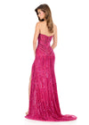 ASHLEYlauren 12274 | Fuchsia beaded gown featuring a sweetheart neckline, contouring bead pattern, thigh high slit, and sweep train