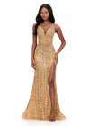 ASHLEYlauren 12274 | Gold beaded evening gown with sculpted bodice, dramatic slit, and sweeping train