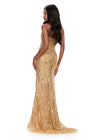 ASHLEYlauren 12274 | Gold beaded fitted gown featuring a sweetheart neckline, contouring beadwork, and thigh high slit