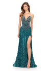 ASHLEYlauren 12274 | Peacock beaded evening gown with contouring bead pattern, elegant train, and dramatic slit