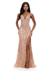 ASHLEYlauren 12274 | Rose-Gold beaded evening gown with sculpted sweetheart bodice, dramatic slit, and sweeping train