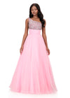 ASHLEYlauren 12275 | Ice-Pink organza evening gown with embellished one shoulder neckline and flowing pleated skirt
