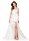 ASHLEYlauren 12276 | Ivory Mikado evening gown featuring structured bodice, detachable overskirt, and fitted slit skirt