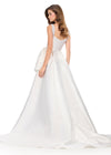 ASHLEYlauren 12276 | Ivory Mikado ball gown with square neckline, sculpted waist bow accent, and dramatic overskirt