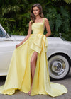 ASHLEYlauren 12276 | Yellow mikado ball gown with square neckline, detachable overskirt, fitted slit skirt, and sculpted bow waist detail