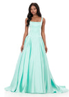 ASHLEYlauren 12277 | Aqua satin evening gown with structured bodice and elegant full skirt silhouette