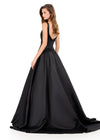 ASHLEYlauren 12277 | Black satin ball gown featuring a square neckline, wide straps, and voluminous A-line skirt
