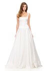 ASHLEYlauren 12277 | Ivory satin evening gown with structured square neckline and elegant A-line silhouette