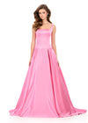 ASHLEYlauren 12277 | Pink satin evening gown with structured square-neck bodice and voluminous A-line skirt