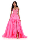 ASHLEYlauren 12281 | Hot Pink organza evening gown featuring sparkling bodice detail and voluminous layered skirt