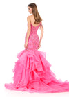 ASHLEYlauren 12282 | Hot-Pink organza mermaid gown featuring a beaded bodice, flowing shoulder drapes, and dramatic tiered skirt