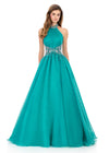 ASHLEYlauren 12283 | Jade halter organza ball gown with sparkling beaded neckline, sculpted waist, and full princess style skirt