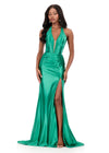 ASHLEYlauren 12285 | Emerald shimmer jersey evening gown with deep V neckline, body hugging ruching, crisscross open back, and bold thigh high slit