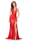 ASHLEYlauren 12285 | Red shimmer jersey evening gown with deep V neckline, body contouring ruching, crisscross open back, and striking thigh high slit