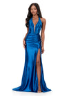 ASHLEYlauren 12285 | Royal shimmer jersey gown with plunging V neckline and high slit