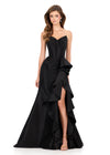 ASHLEYlauren 12287 | Black taffeta evening gown with sculpted side ruffle, structured bodice, and elegant sweep train