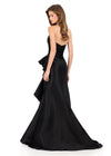 ASHLEYlauren 12287 | Black strapless taffeta gown featuring pleated corset bodice, dramatic side ruffle, and sleek fitted silhouette