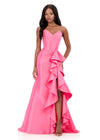 ASHLEYlauren 12287 | Candy-Pink structured taffeta gown with sculpted side ruffle and strapless corset bodice
