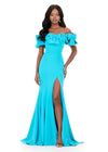 ASHLEYlauren 12288 | Turquoise scuba gown with off shoulder bow accents and sleek body skimming silhouette