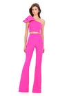 ASHLEYlauren 12292 | Fuchsia one shoulder jumpsuit with statement ruffle top and fitted flare pants for striking fashion forward occasions