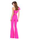ASHLEYlauren 12292 | Fuchsia two piece scuba jumpsuit featuring one shoulder ruffle crop top and high waisted flare pants for bold contemporary style