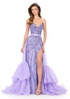 ASHLEYlauren 12295 | Orchid organza overskirt featuring layered ruffles and dramatic train for editorial and pageant styling.