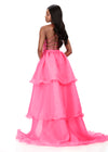 ASHLEYlauren 12295 | Hot Pink layered organza overskirt with cascading tiered ruffles and dramatic train for added movement and flair. Back