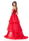 ASHLEYlauren 12295 | Red tiered organza overskirt featuring cascading ruffle layers and flowing train for dramatic styling