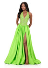 ASHLEYlauren 12299 | Lime taffeta halter gown with intricate beadwork bodice and full dramatic skirt for powerful pageant elegance