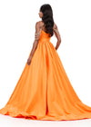 ASHLEYlauren 12300 | Orange taffeta ball gown featuring a sweetheart neckline, embellished straps, beaded collar accent, and dramatic sweeping train