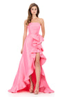 ASHLEYlauren 12309 | Candy-Pink taffeta evening gown featuring sculptural ruffle drape and strapless neckline for bold pageant glamour