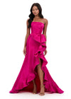 ASHLEYlauren 12309 | Fuchsia taffeta evening gown featuring strapless neckline and voluminous ruffle drape for statement glamour