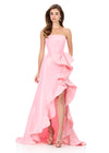 ASHLEYlauren 12309 | Ice-Pink taffeta evening gown with strapless neckline and statement side ruffle for bold formal elegance