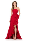 ASHLEYlauren 12309 | Red taffeta evening gown featuring sculptural ruffle drape and strapless neckline for bold formal elegance