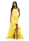 ASHLEYlauren 12309 | Yellow taffeta evening gown with strapless neckline and sculptural side ruffle creating a striking formal silhouette