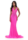 ASHLEYlauren 12327 | Fuchsia beaded evening gown featuring sculpted silhouette, shimmering beadwork, and sweeping train