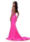 ASHLEYlauren 12327 | Fuchsia beaded jersey gown with radiant bead pattern, open back design, and dramatic mermaid train