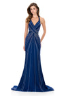 ASHLEYlauren 12327 | Navy beaded evening gown with sculpting silhouette, intricate bead pattern, and dramatic mermaid train