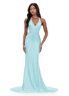 ASHLEYlauren 12327 | Sky beaded evening gown with sculpted jersey silhouette, open back detail, and dramatic mermaid train for pageant ready elegance