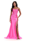 ASHLEYlauren 12356 | Pink strapless evening dress with contour beadwork, corset structure and long train with thigh slit