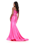 ASHLEYlauren 12356 | Pink fully beaded gown featuring sculpted bustier, vertical bead lines and elegant high slit. Back