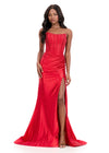 ASHLEYlauren 12356 | Red beaded strapless evening dress with structured bustier, elongating bead pattern and slit train