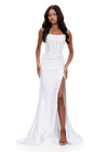 ASHLEYlauren 12356 | White strapless beaded gown with vertical pearl details, fitted corset bustier and sweeping slit train