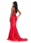 ASHLEYlauren 12357 | Red pearl embellished fitted gown with sweetheart neckline, vertical beadwork, high slit and lace up back. Back