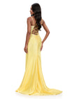 ASHLEYlauren 12357 | Yellow fitted evening gown with vertical pearl beadwork and elongated silhouette