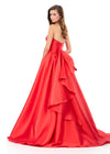 ASHLEYlauren 12358 | Red strapless mikado ball gown with ruched bustier, full skirt, and bow ruffle back detail
