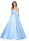 ASHLEYlauren 12358 | Sky strapless ball gown with polished mikado finish, ruched bustier, and bow accent